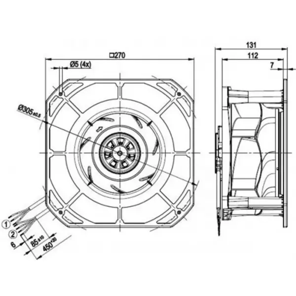 Ebmpapst k3g225-re07-03 230VAC 270x270x131mm 170W 1.4A 705m3/h Rulment cu bile IP54 EC Ventilator centrifugal