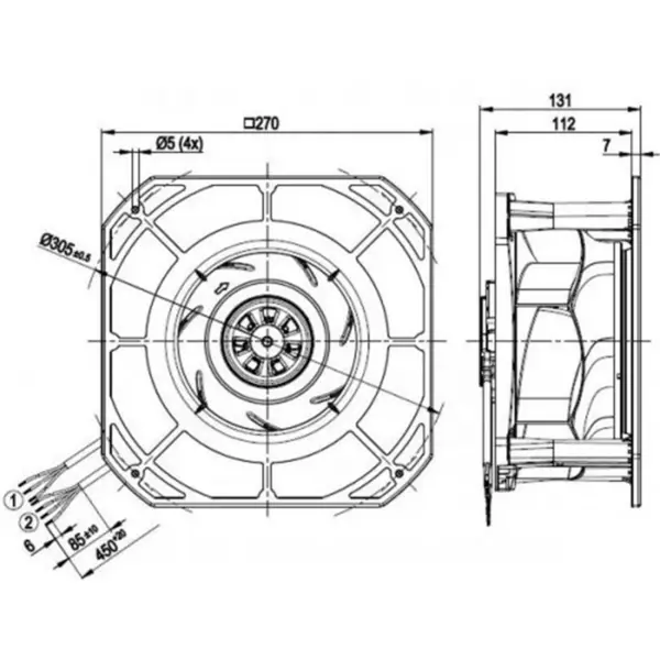 Ebmpapst k3g225-re07-03 230VAC 270x270x131mm 170W 1.4A 705m3/h Rulment cu bile IP54 EC Ventilator centrifugal