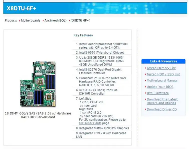 X8dtu-6f+ Pentru placa de bază Supermicro Xeon Processor 5600/5500 Series 82576 Controler Gigabit Ethernet cu două porturi Ipmi 2.0