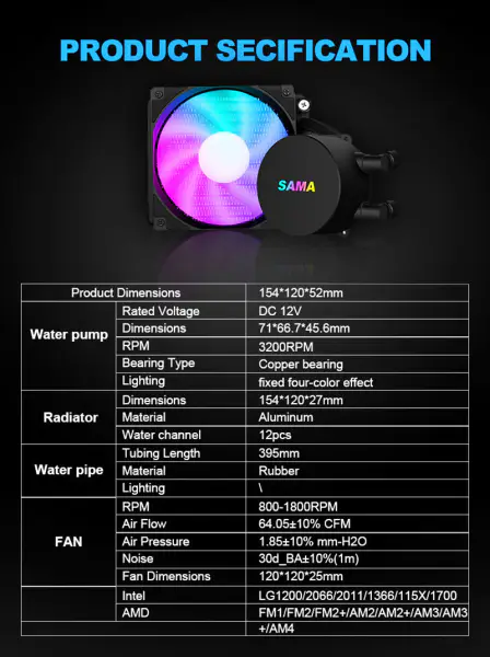 Sama 120mm Răcitoare de lichid Cpu Răcitor de lichid Cpu Răcitor de apă Cpu pentru Pc Gaming Case