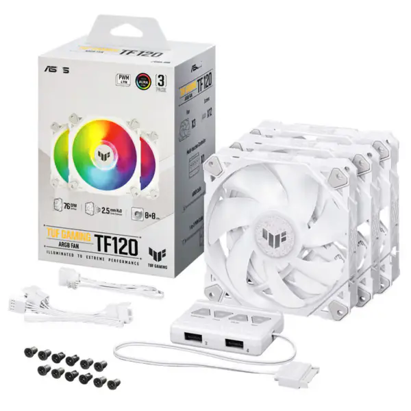 AsUs Tuf Gaming White Heroic Light Tf120 Chassis Fan 3 Pcs Argb Fan With Lighting Effect Controller Tuf Gaming Tf120 Argb 3in1